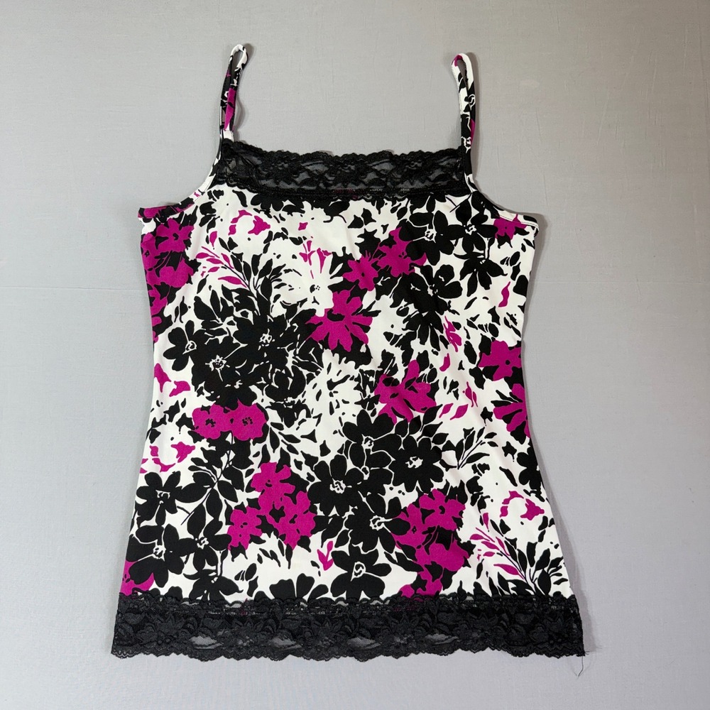 Maurices Floral Lace Trim Camisole Tank Top Pink Black White Womens Large